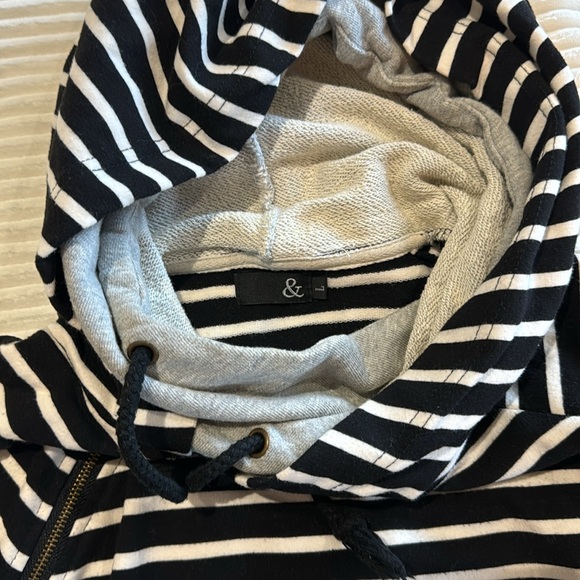 Ampersand Double Hoodie Black White Gray Stripe Baseball Style Tunic Sweatshirt - Picture 9 of 13